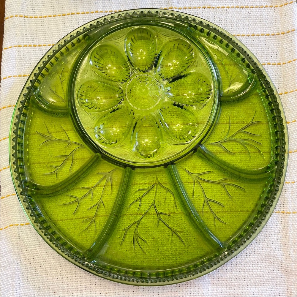 Vintage Indiana Green Glass Deviled Egg & Charcuterie Plate